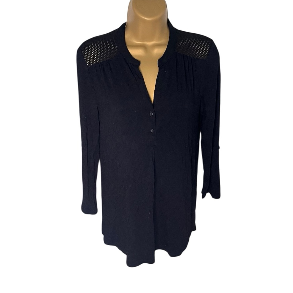 Cynthia Rowley Roll Tab Mesh Henley Top Black Small